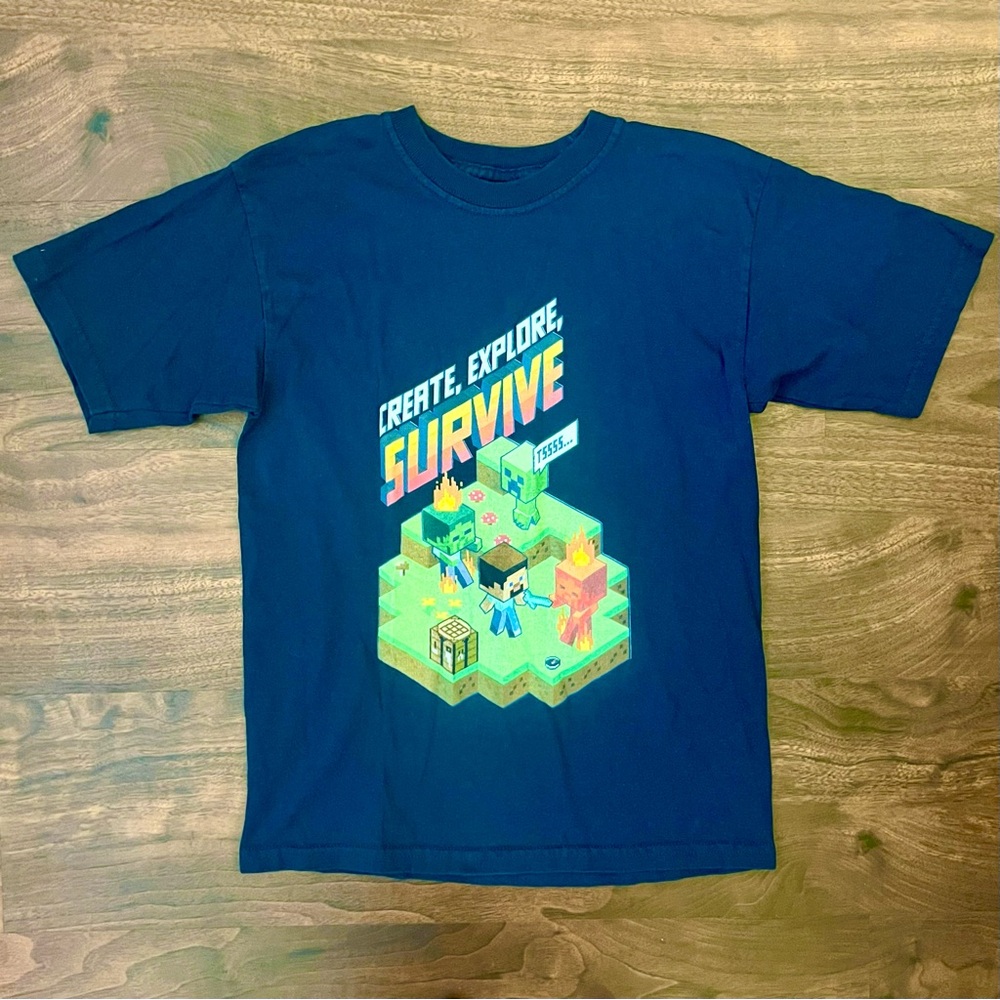 Minecraft Create, Explore, Survive Blue Graphic T-Shirt Boys Youth Sz M (10-12)